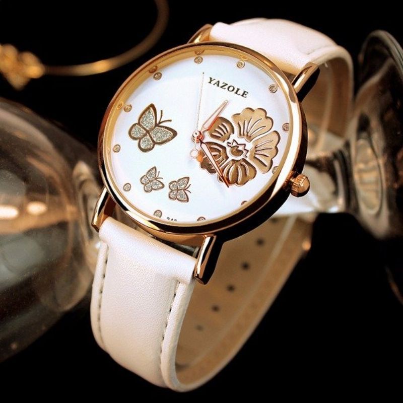 Fashion Butterfly Flower Dial Watch Leather Diamond Women