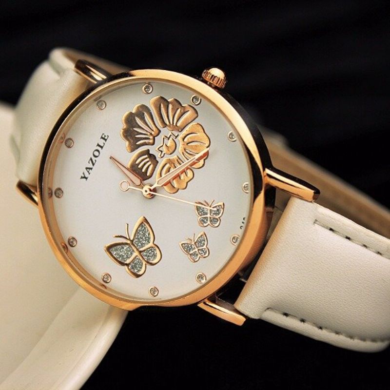 Fashion Butterfly Flower Dial Watch Leather Diamond Women