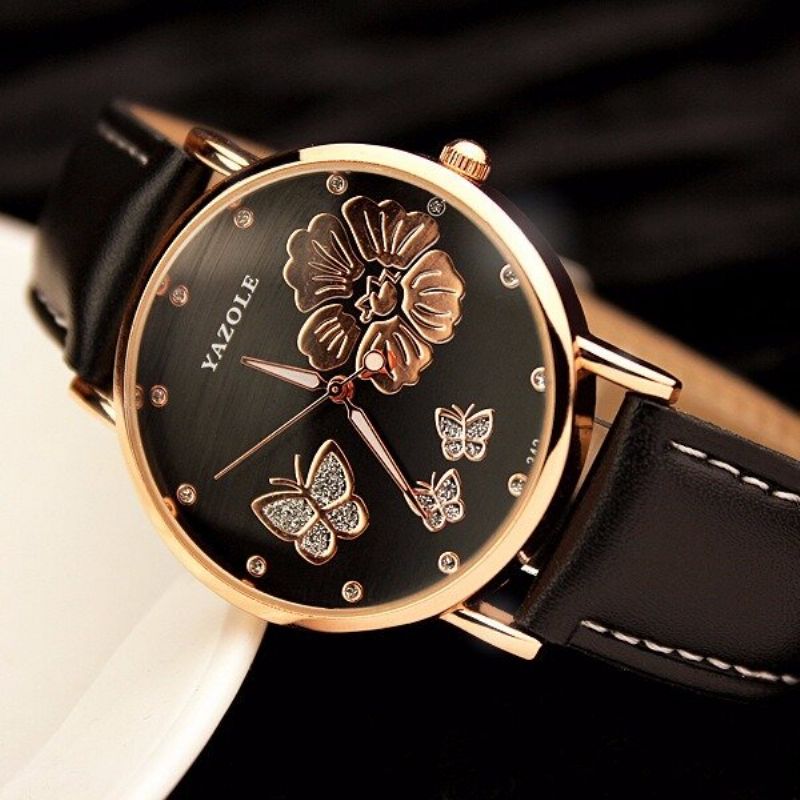 Fashion Butterfly Flower Dial Watch Leather Diamond Women