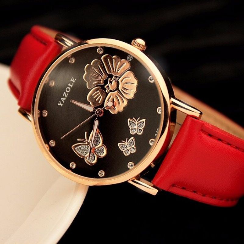 Fashion Butterfly Flower Dial Watch Leather Diamond Women