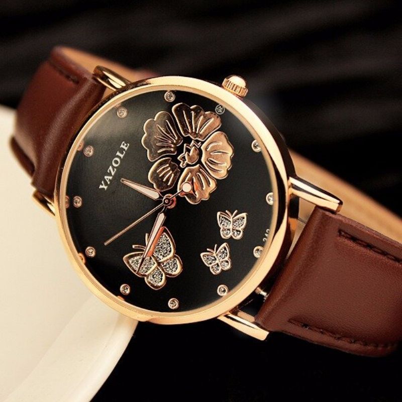 Fashion Butterfly Flower Dial Watch Leather Diamond Women