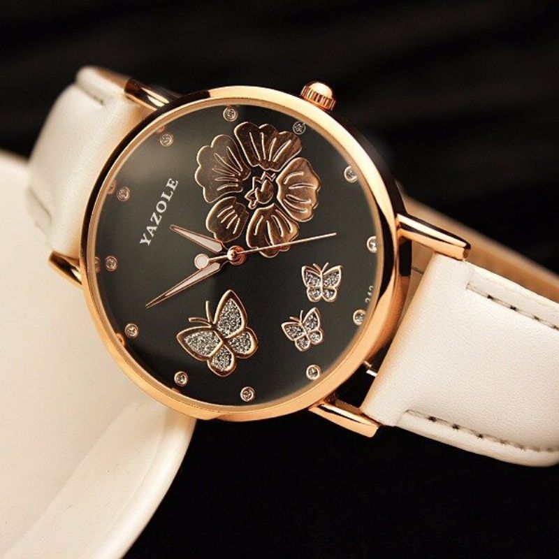 Fashion Butterfly Flower Dial Watch Leather Diamond Women