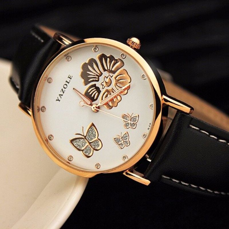 Fashion Butterfly Flower Dial Watch Leather Diamond Women