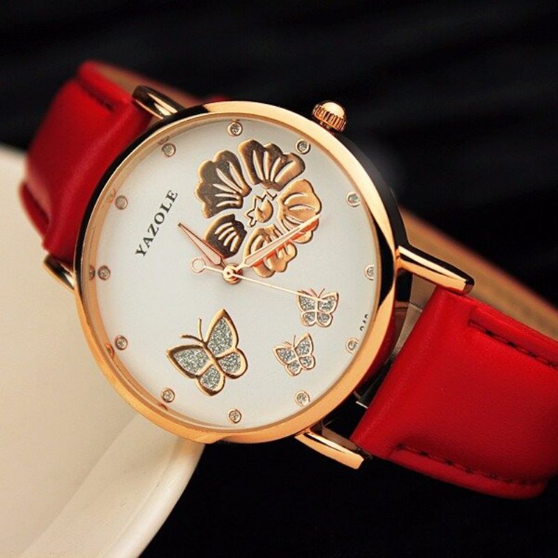 Fashion Butterfly Flower Dial Watch Leather Diamond Women