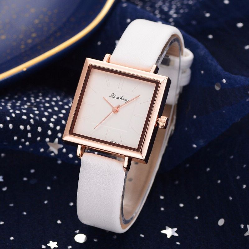 Fashion Square Style Dameklokke Pure Color Leather Quartz Watch