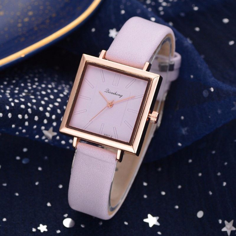 Fashion Square Style Dameklokke Pure Color Leather Quartz Watch