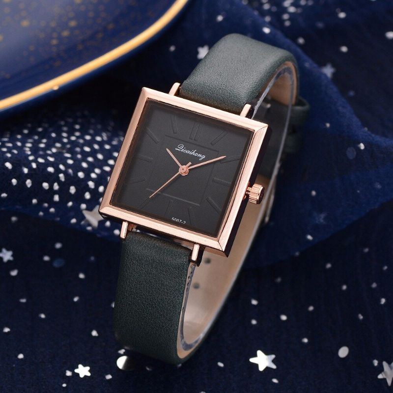 Fashion Square Style Dameklokke Pure Color Leather Quartz Watch