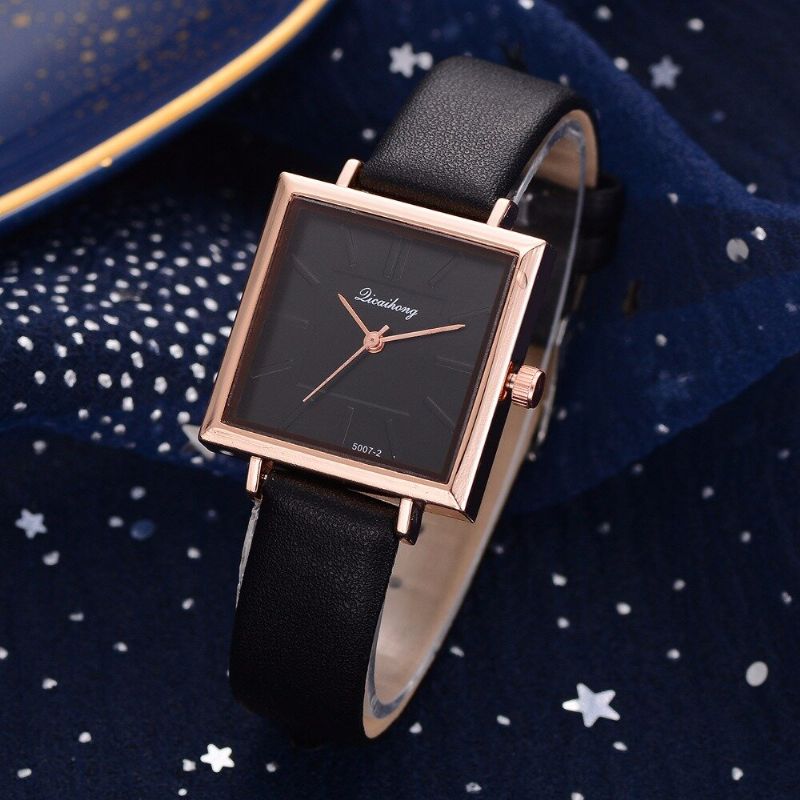 Fashion Square Style Dameklokke Pure Color Leather Quartz Watch