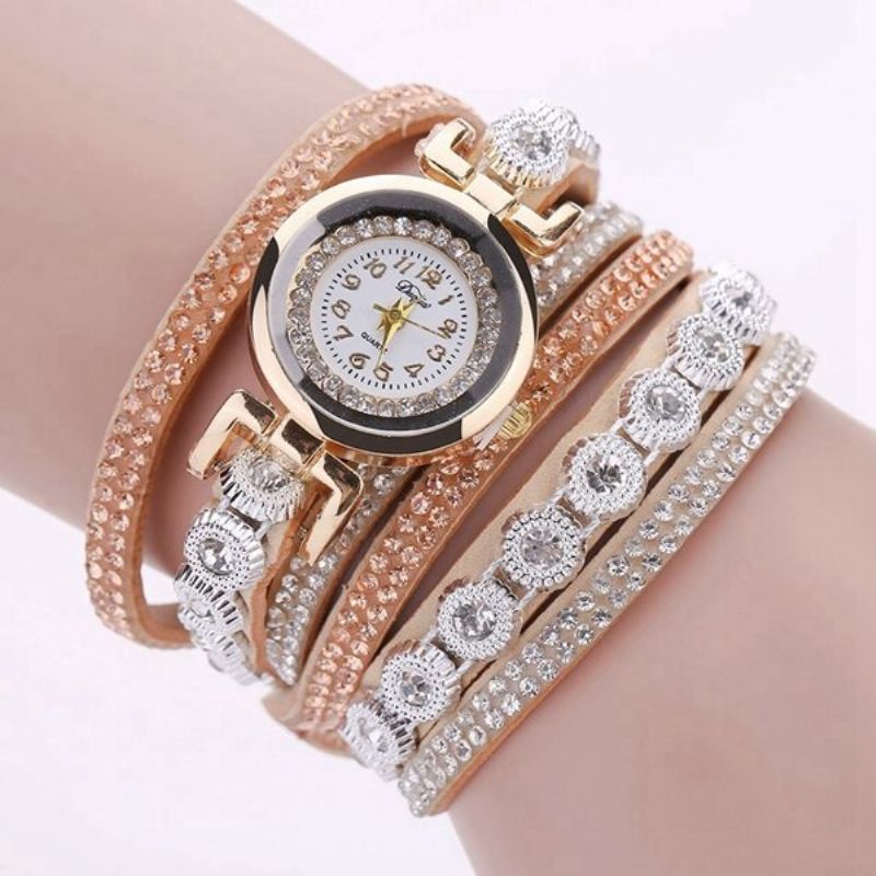 Fasjonable Flerlags Armbåndsur Bling Rhinestone Round Dial Armbånd Dame Watch