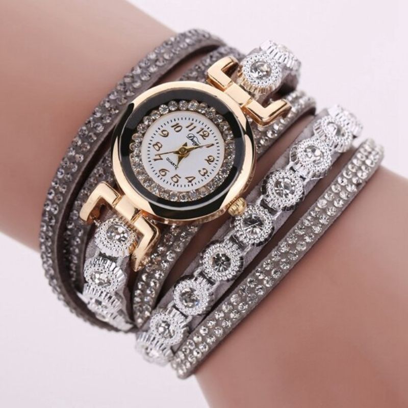 Fasjonable Flerlags Armbåndsur Bling Rhinestone Round Dial Armbånd Dame Watch