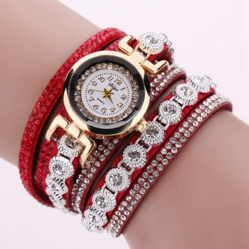 Fasjonable Flerlags Armbåndsur Bling Rhinestone Round Dial Armbånd Dame Watch