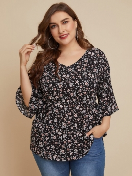 Floral Print V-hals Plus Size Casual Bluse For Kvinner