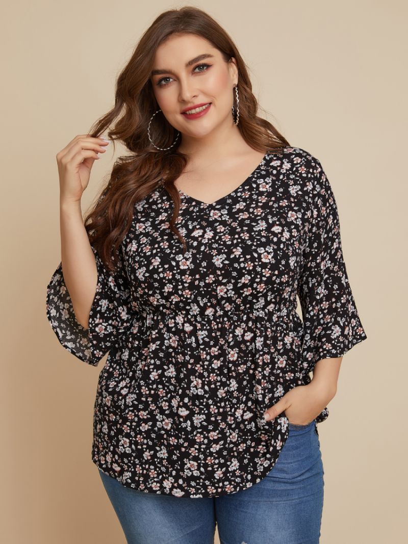 Floral Print V-hals Plus Size Casual Bluse For Kvinner