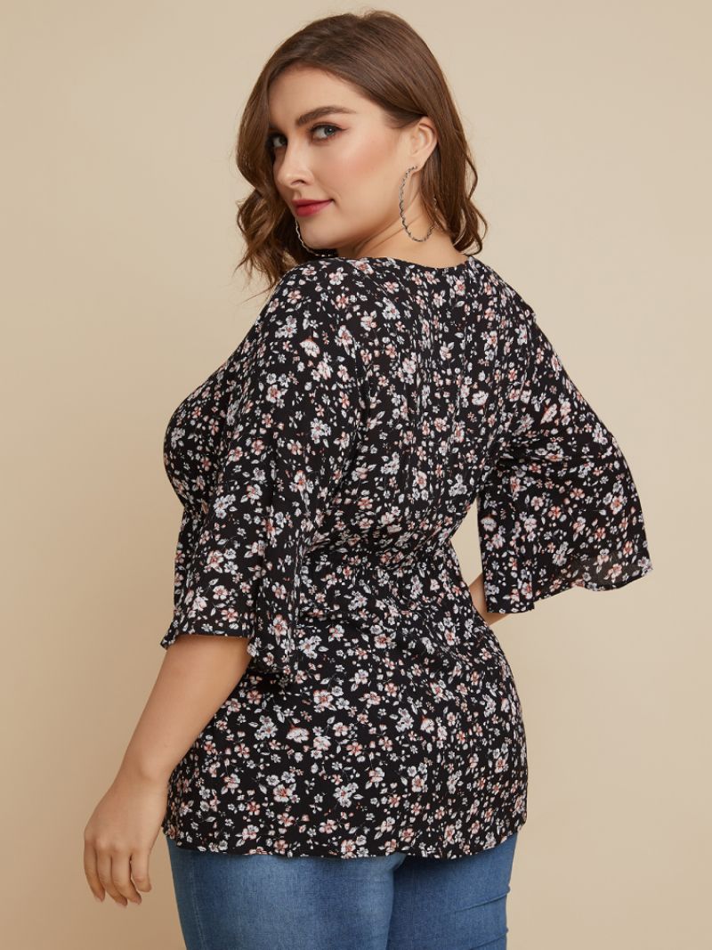 Floral Print V-hals Plus Size Casual Bluse For Kvinner