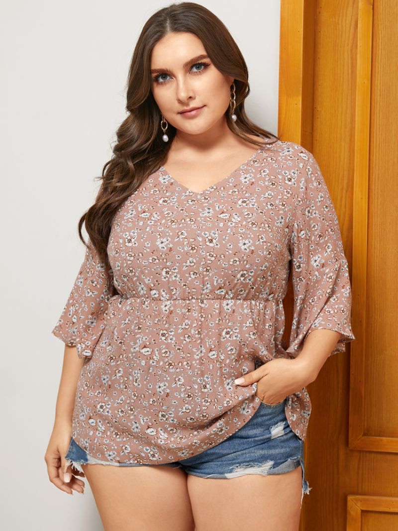 Floral Print V-hals Plus Size Casual Bluse For Kvinner