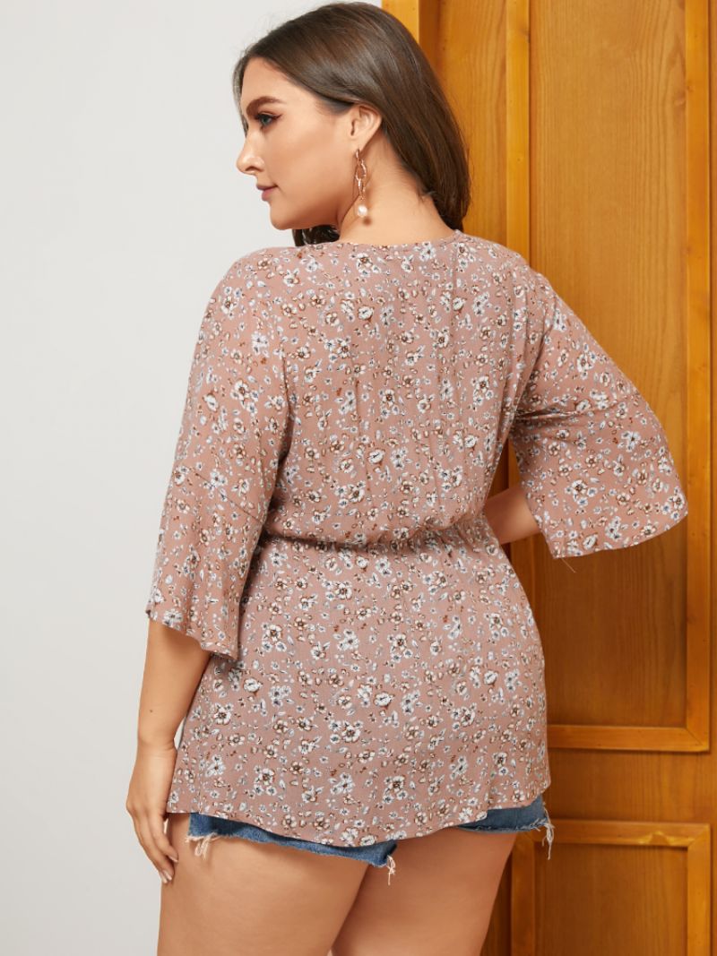 Floral Print V-hals Plus Size Casual Bluse For Kvinner