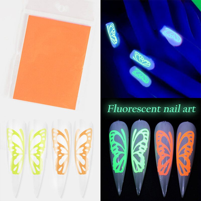 Fluorescerende Sommerfugldesigner Nail Art Stickers Vannmerke Diy Fargerike Negleklistremerker Manikyrverktøy