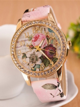 Full Rhinestone Flower Leather Watch Lady Casual Floral Quartz Armbåndsur Gave Til Henne