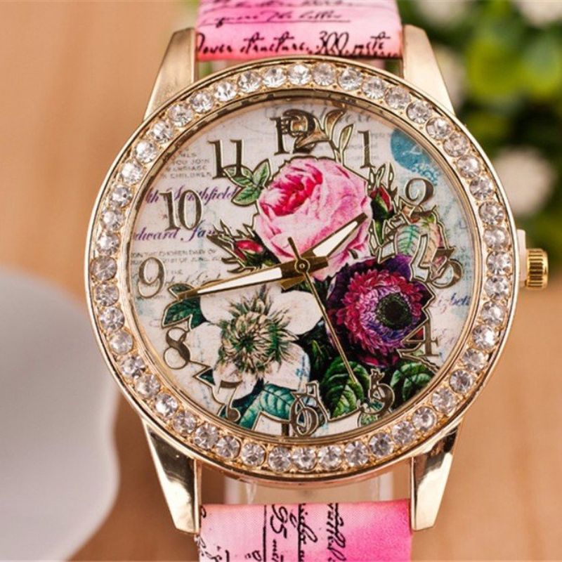 Full Rhinestone Flower Leather Watch Lady Casual Floral Quartz Armbåndsur Gave Til Henne