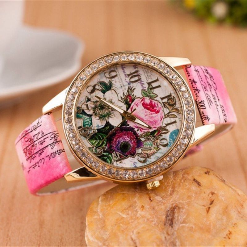 Full Rhinestone Flower Leather Watch Lady Casual Floral Quartz Armbåndsur Gave Til Henne