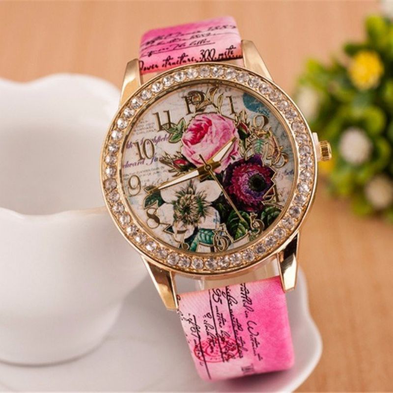 Full Rhinestone Flower Leather Watch Lady Casual Floral Quartz Armbåndsur Gave Til Henne