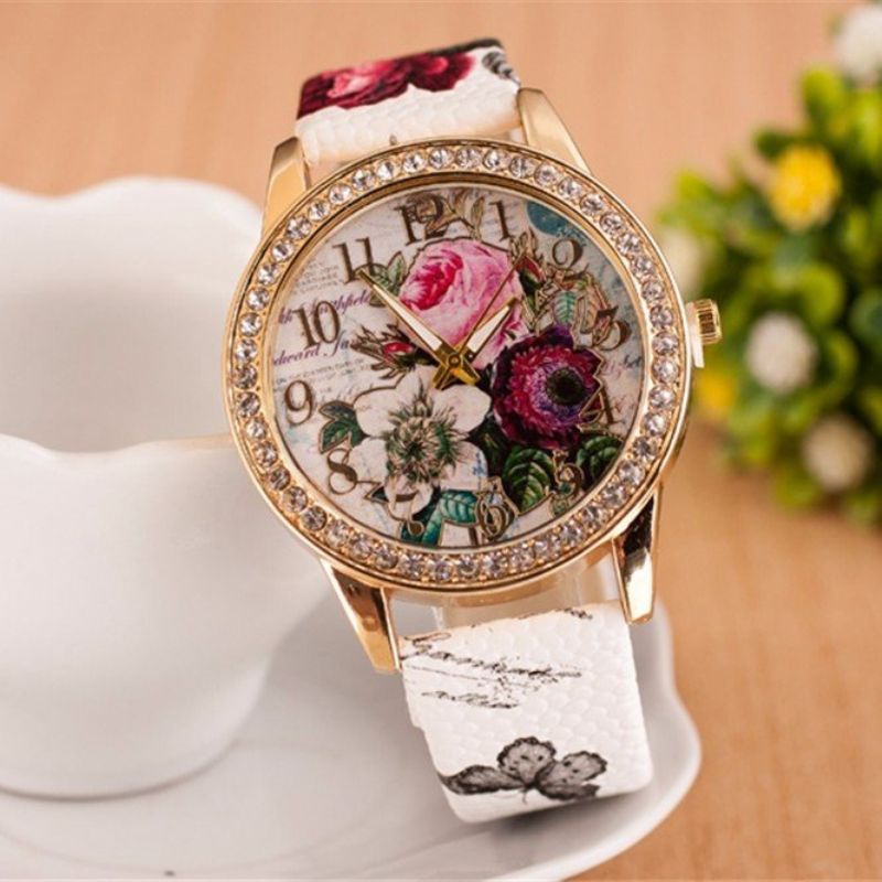 Full Rhinestone Flower Leather Watch Lady Casual Floral Quartz Armbåndsur Gave Til Henne