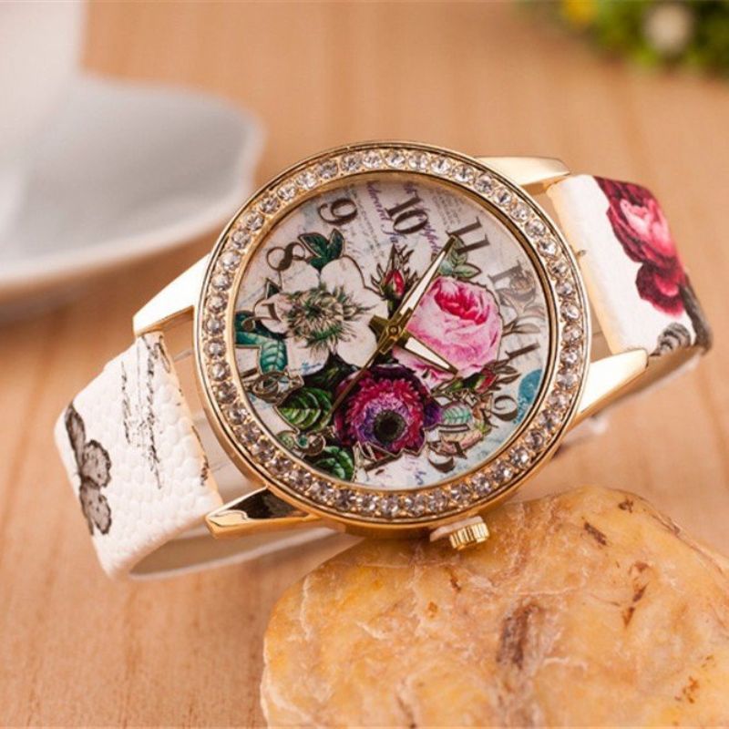 Full Rhinestone Flower Leather Watch Lady Casual Floral Quartz Armbåndsur Gave Til Henne