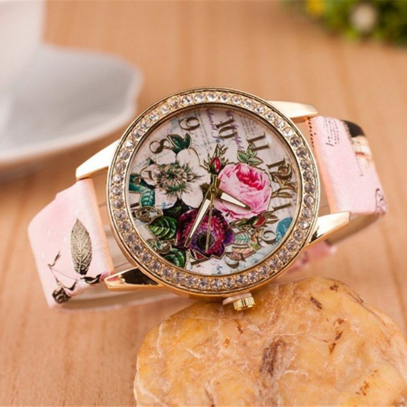 Full Rhinestone Flower Leather Watch Lady Casual Floral Quartz Armbåndsur Gave Til Henne