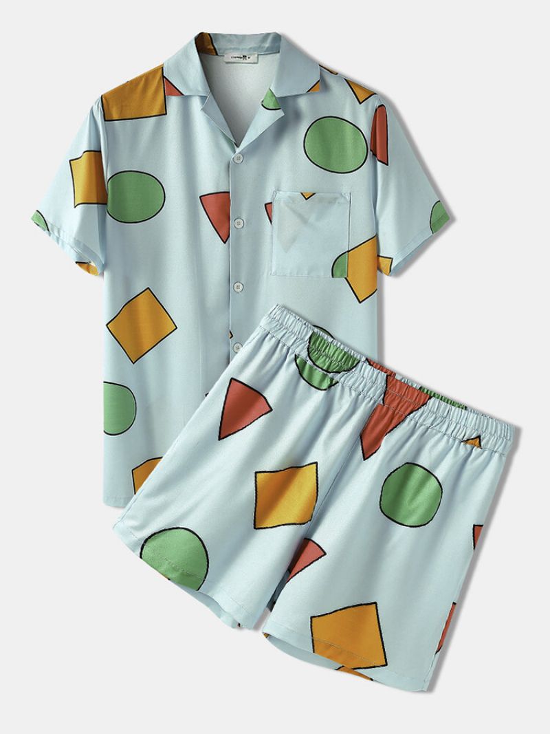 Geometrisk Mønster Sommer Short Co-ords Myk Løs Koselig Daglig Løst Loungewear For Menn