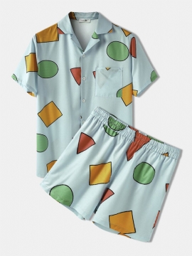 Geometrisk Mønster Sommer Short Co-ords Myk Løs Koselig Daglig Løst Loungewear For Menn