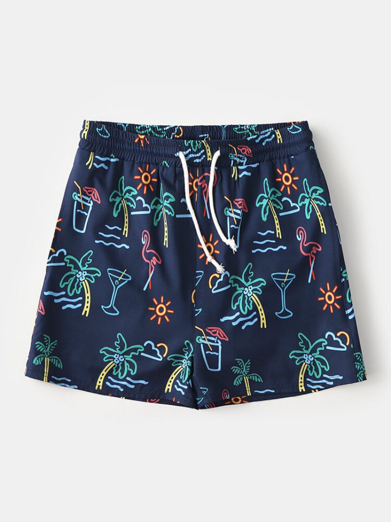 Hawaii Graffiti-mønster Badebukse Med Snøring Hurtigtørkende Brettshorts For Menn