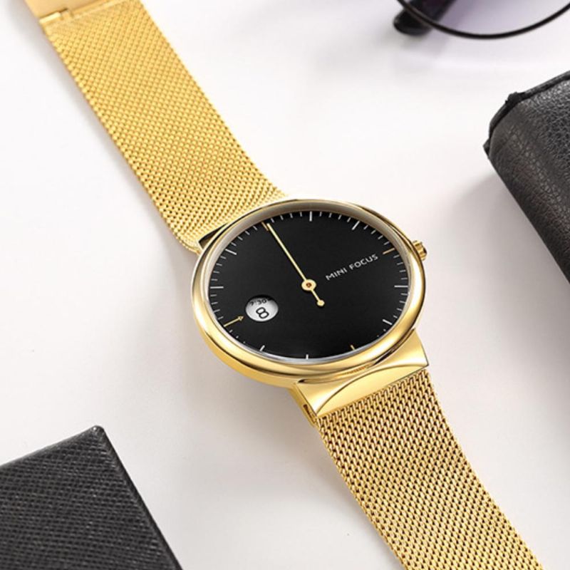 Herreklokke Motekalender Quartz Dail Rustfritt Stål Mesh-bånd Vanntett Armbåndsur For Gaver