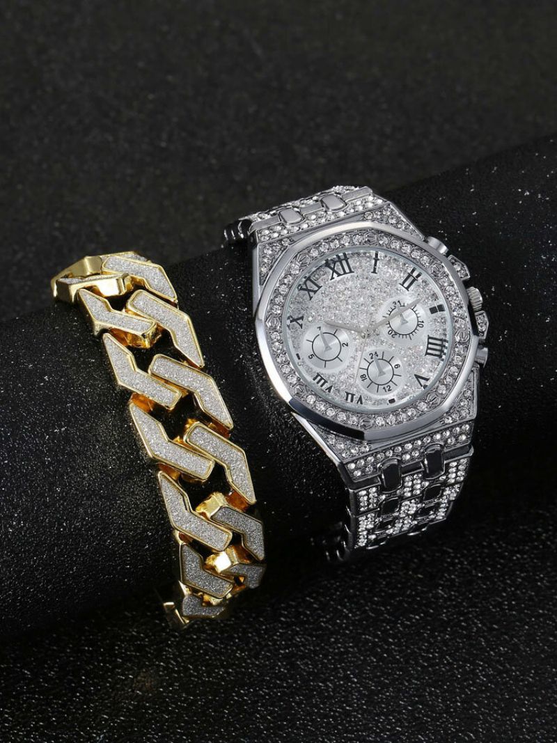 Hip Hop Dekorativ Urskive Vanntett Stålbånd Kvartsklokke Full Rhinestone Armbåndsett