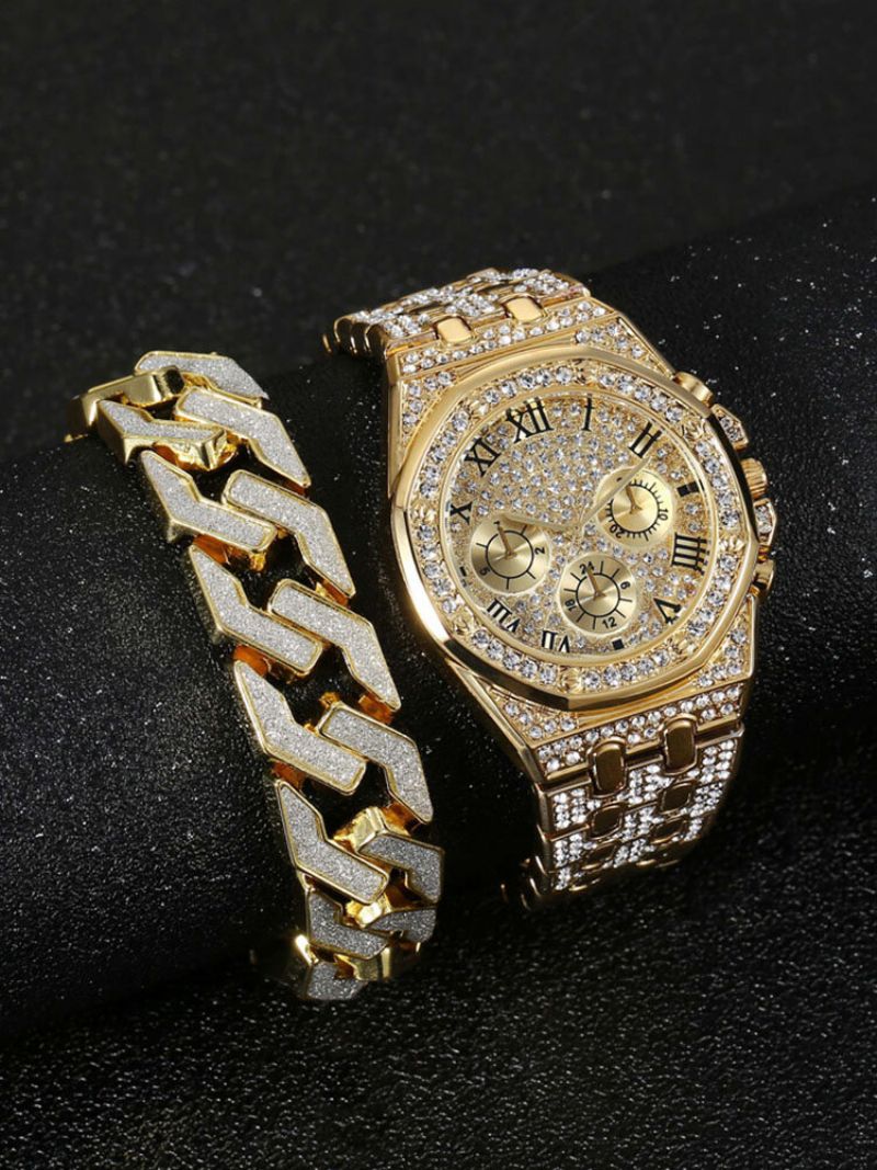 Hip Hop Dekorativ Urskive Vanntett Stålbånd Kvartsklokke Full Rhinestone Armbåndsett