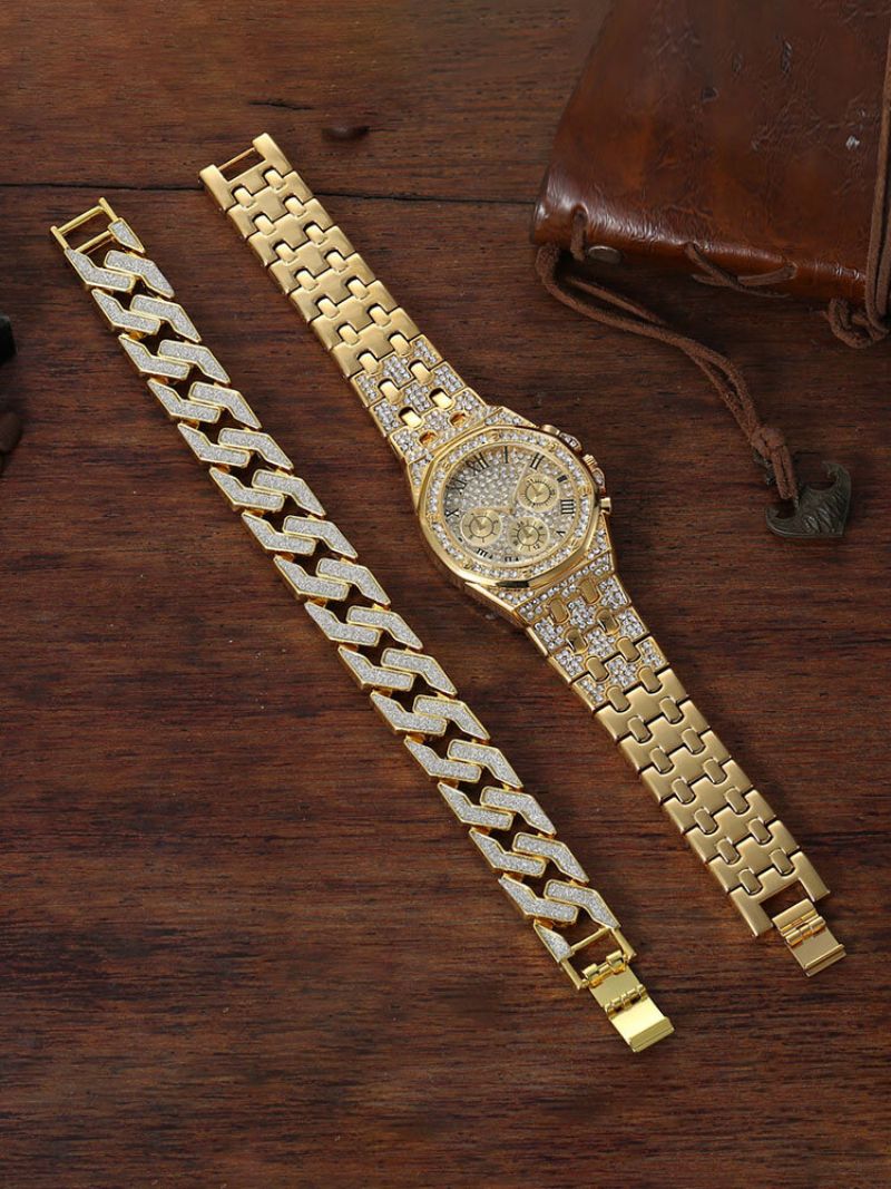 Hip Hop Dekorativ Urskive Vanntett Stålbånd Kvartsklokke Full Rhinestone Armbåndsett