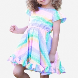 Jente's Flying Sleeves Rainbow Striped Print Casual Dress For 2-8y