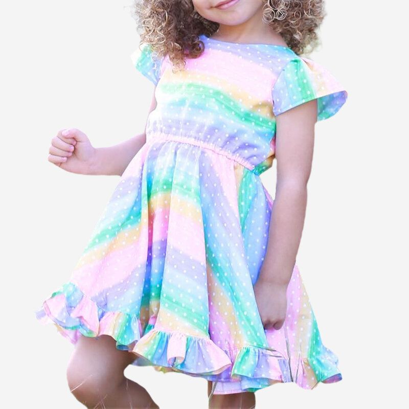 Jente's Flying Sleeves Rainbow Striped Print Casual Dress For 2-8y