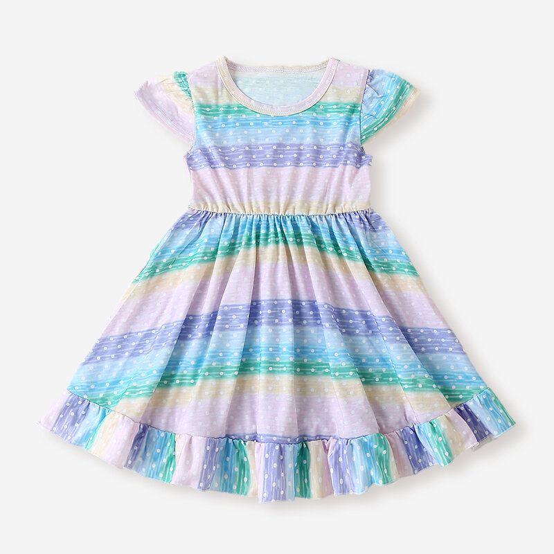 Jente's Flying Sleeves Rainbow Striped Print Casual Dress For 2-8y