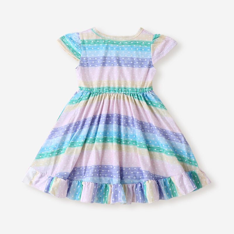 Jente's Flying Sleeves Rainbow Striped Print Casual Dress For 2-8y