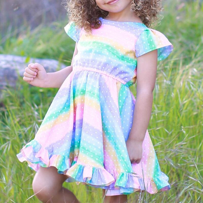 Jente's Flying Sleeves Rainbow Striped Print Casual Dress For 2-8y