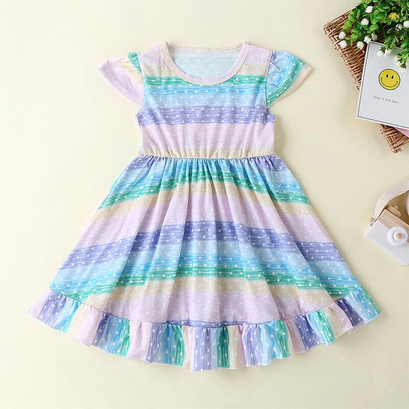 Jente's Flying Sleeves Rainbow Striped Print Casual Dress For 2-8y