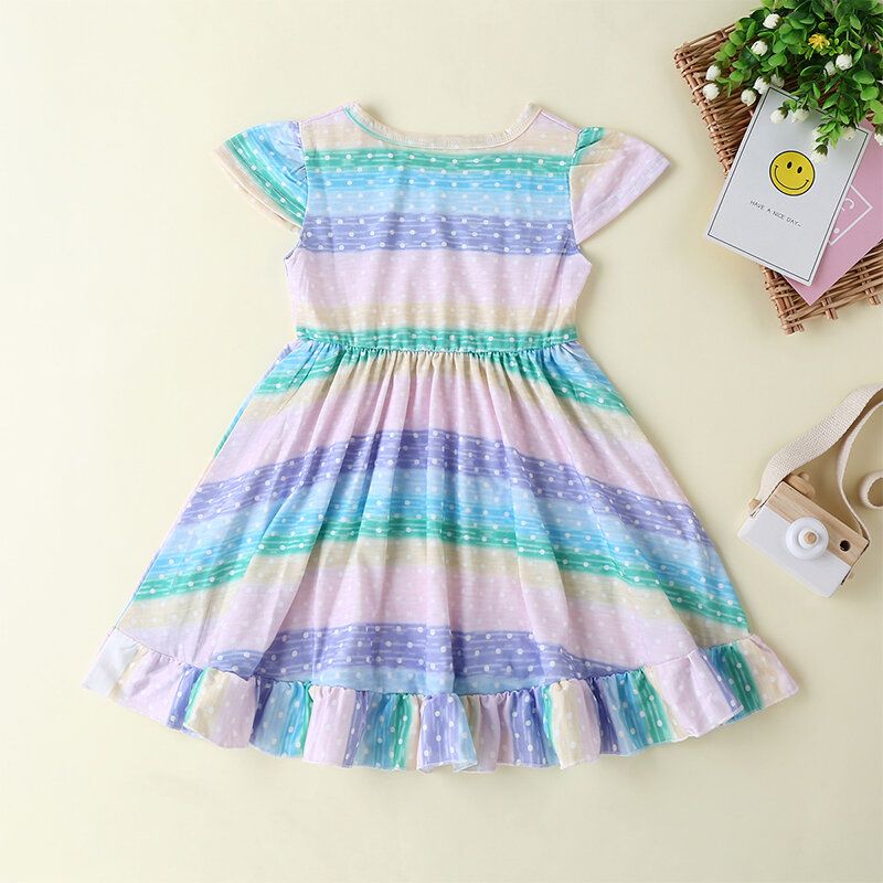 Jente's Flying Sleeves Rainbow Striped Print Casual Dress For 2-8y