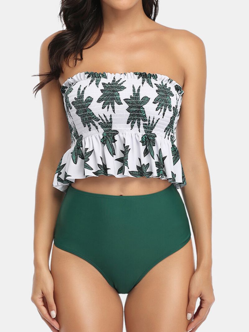 Kvinner Bikini Ruffles Hem Tropical Leaves Print Bandeau High Waist Beach Badedrakter