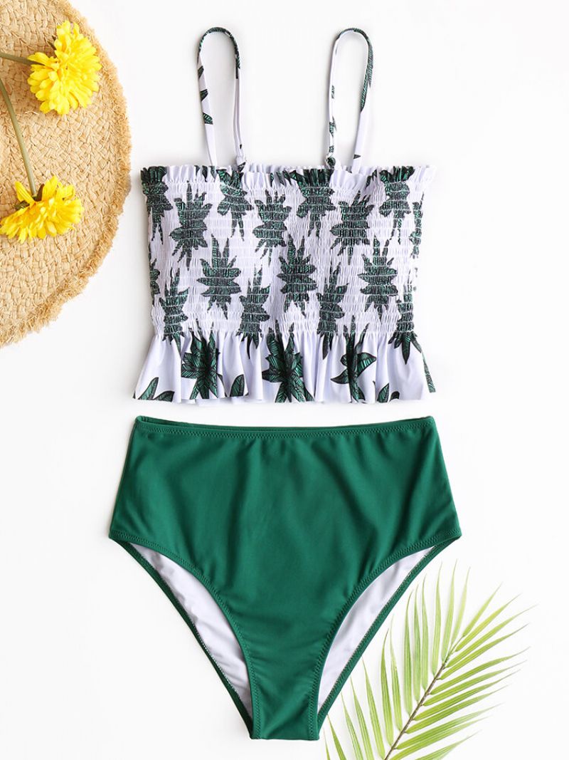 Kvinner Bikini Ruffles Hem Tropical Leaves Print Bandeau High Waist Beach Badedrakter