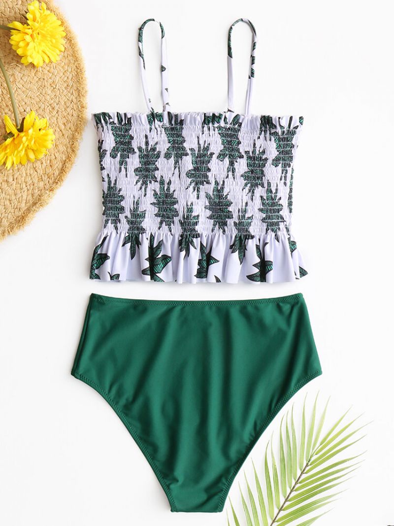 Kvinner Bikini Ruffles Hem Tropical Leaves Print Bandeau High Waist Beach Badedrakter