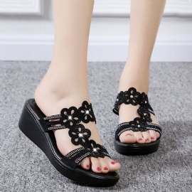 Kvinner Casual Hollow Rhinestone Flowers Peep Toe Wedges Sandaler