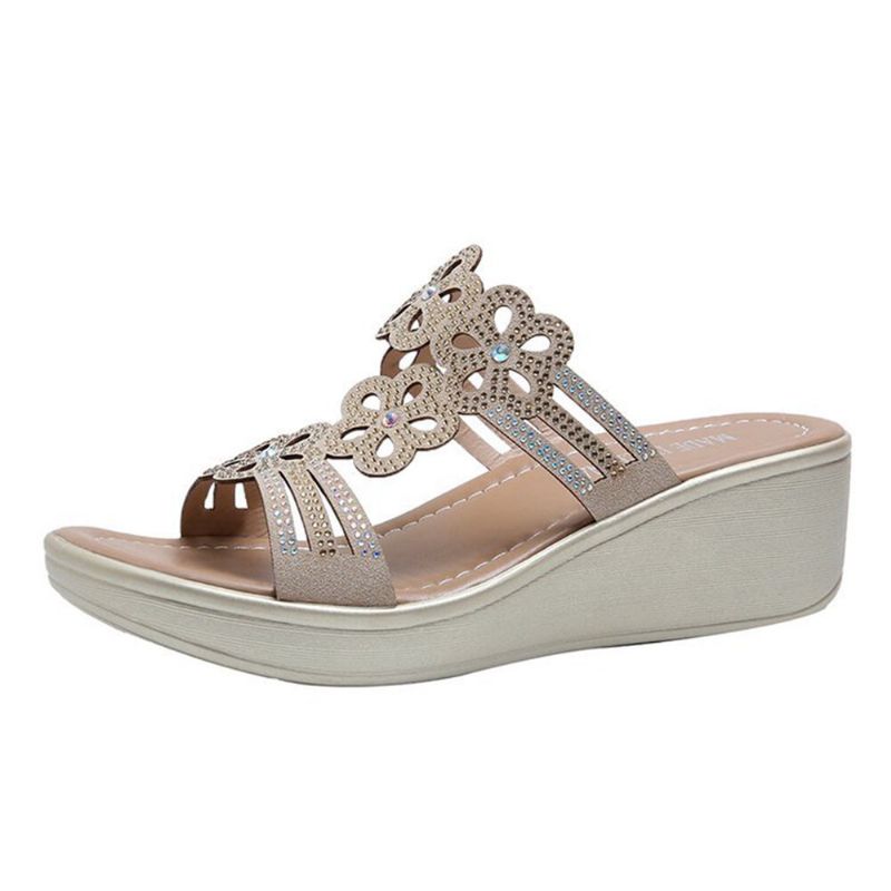 Kvinner Casual Hollow Rhinestone Flowers Peep Toe Wedges Sandaler