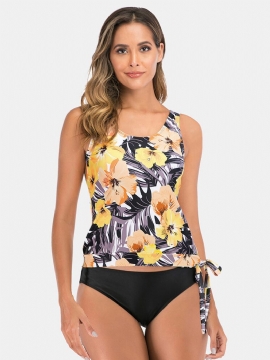 Kvinner Gule Blomster Print Tankini Brede Skulderstropper Side Tie Badetøy Med Tre Typer Bunn