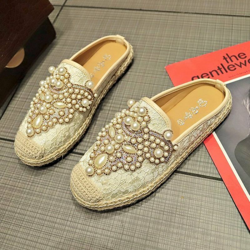 Kvinner Pearl Decor Blonde Print Decoration Flats Loafers