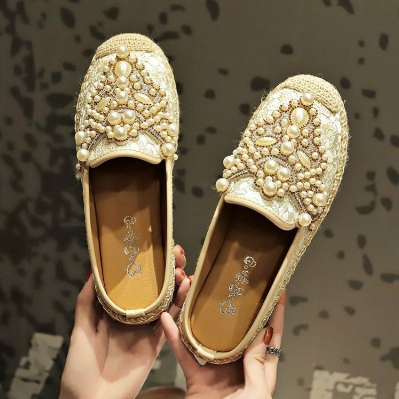 Kvinner Pearl Decor Blonde Print Decoration Flats Loafers